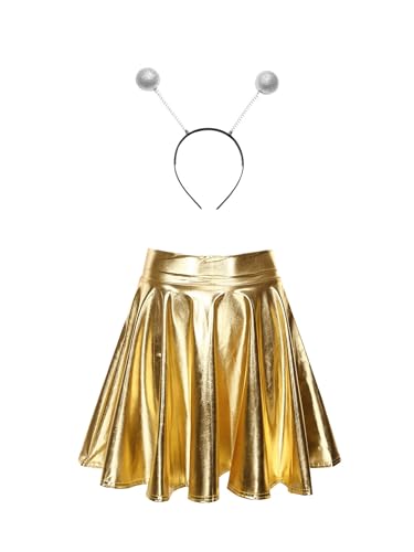 Yeahdor Damen Alien Kostüm Set Metallic Faltenrock mit Alien Stirnband Hohe Taille Minirock Astronautin Space Girl Cosplay Mottoparty Gold L von Yeahdor