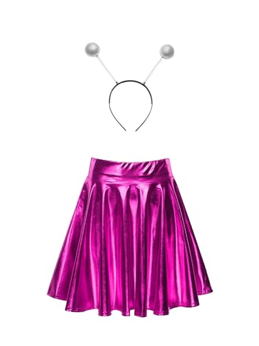 Yeahdor Damen Alien Kostüm Set Metallic Faltenrock mit Alien Stirnband Hohe Taille Minirock Astronautin Space Girl Cosplay Mottoparty Hot Pink L von Yeahdor