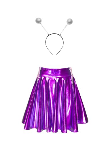 Yeahdor Damen Alien Kostüm Set Metallic Faltenrock mit Alien Stirnband Hohe Taille Minirock Astronautin Space Girl Cosplay Mottoparty Violett L von Yeahdor