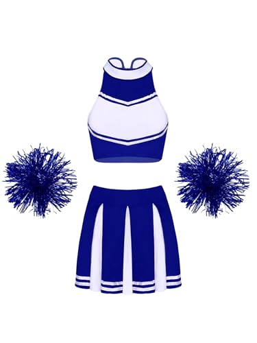 Yeahdor Damen Cheer Leader Kostüm Set Ärmellos Crop Top + Faltenrock + Pompoms Cheer Leading Kostüm Party Karneval Fasching Cosplay B Königsblau L von Yeahdor