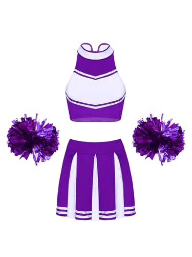 Yeahdor Damen Cheer Leader Kostüm Set Ärmellos Crop Top + Faltenrock + Pompoms Cheer Leading Kostüm Party Karneval Fasching Cosplay Ein Lila XXL von Yeahdor