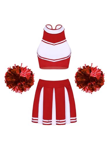 Yeahdor Damen Cheer Leader Kostüm Set Ärmellos Crop Top + Faltenrock + Pompoms Cheer Leading Kostüm Party Karneval Fasching Cosplay Ein Rot M von Yeahdor