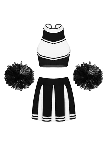 Yeahdor Damen Cheer Leader Kostüm Set Ärmellos Crop Top + Faltenrock + Pompoms Cheer Leading Kostüm Party Karneval Fasching Cosplay Ein Schwarzer L von Yeahdor