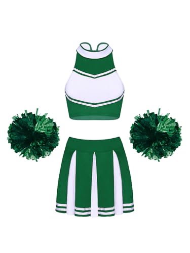 Yeahdor Damen Cheer Leader Kostüm Set Ärmellos Crop Top + Faltenrock + Pompoms Cheer Leading Kostüm Party Karneval Fasching Cosplay Ein grüner M von Yeahdor