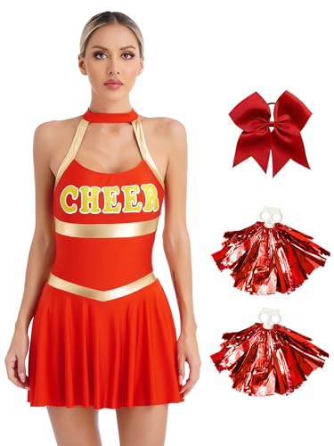 Yeahdor Damen Cheer Leadering Kostüm Kurz Cheer Leadrin Kleid mit Pompoms + Stirnband Tanzkleid Karneval Fasching Party Cosplay Rot XL von Yeahdor