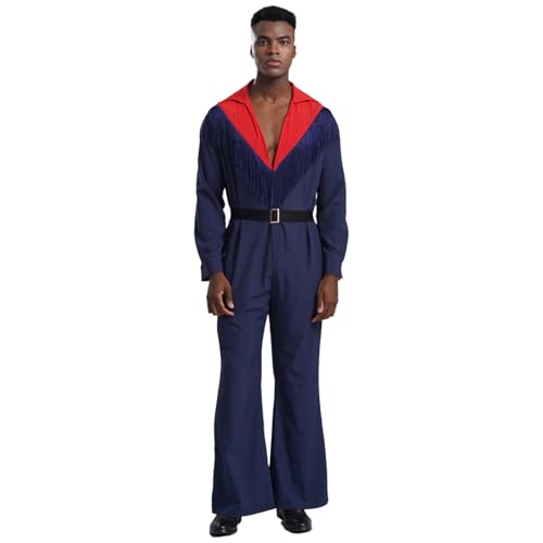 Yeahdor Herren Disco Anzug 70er 80er Overall V-Ausschnitt Jumpsuit mit Gürtel Hippie Tanz Outfits Faschingskostüme Clubwear Rot M von Yeahdor