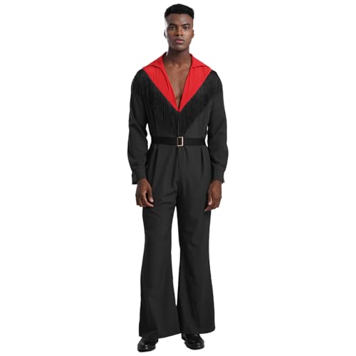 Yeahdor Herren Disco Anzug 70er 80er Overall V-Ausschnitt Jumpsuit mit Gürtel Hippie Tanz Outfits Faschingskostüme Clubwear Schwarz M von Yeahdor