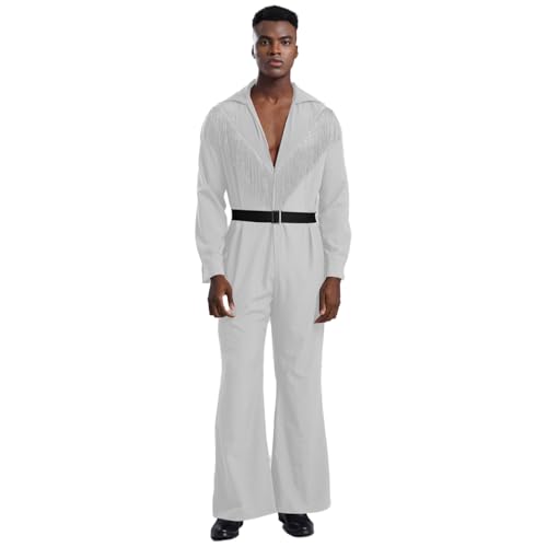 Yeahdor Herren Disco Anzug 70er 80er Overall V-Ausschnitt Jumpsuit mit Gürtel Hippie Tanz Outfits Faschingskostüme Clubwear Weiß M von Yeahdor