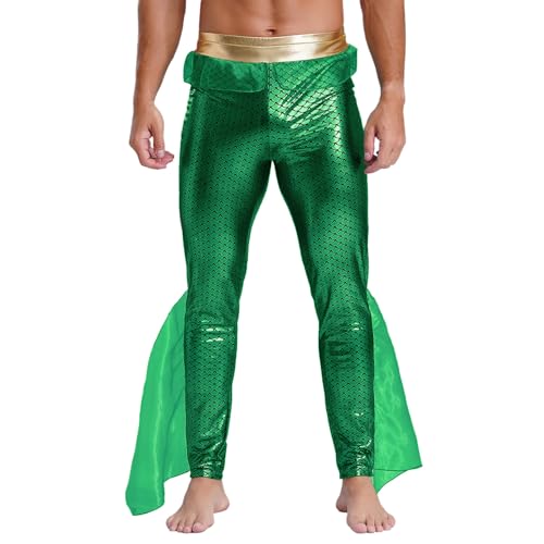 Yeahdor Herren Metallic Leggings mit Mesh Besatz Meer-König Fischschuppen Strumpfhose Tanzleggings Cosplay Kostüm Grün 3XL von Yeahdor