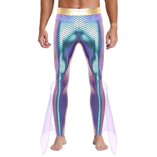 Yeahdor Herren Metallic Leggings mit Mesh Besatz Meer-König Fischschuppen Strumpfhose Tanzleggings Cosplay Kostüm Violett 3XL von Yeahdor