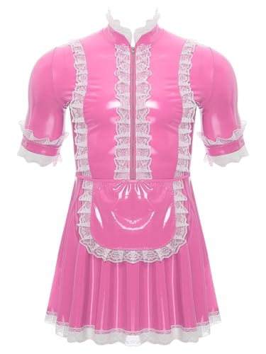 Yeahdor Herren Sissy Dienstmädchen Kostüm Kurzarm Kleid mit Spitze Trim Lackleder Maid Uniform Unterwäsche Cosplay Clubwear Rosa L von Yeahdor