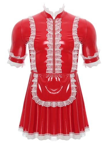 Yeahdor Herren Sissy Dienstmädchen Kostüm Kurzarm Kleid mit Spitze Trim Lackleder Maid Uniform Unterwäsche Cosplay Clubwear Rot L von Yeahdor