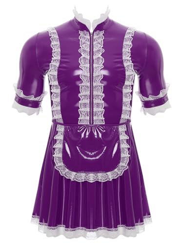 Yeahdor Herren Sissy Dienstmädchen Kostüm Kurzarm Kleid mit Spitze Trim Lackleder Maid Uniform Unterwäsche Cosplay Clubwear Violett 3XL von Yeahdor