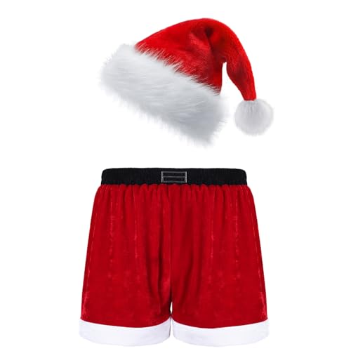 Yeahdor Herren Weihnachten Kostüm Samt Weihnachtshorts mit Weihnachtshut Weihnachtsmann Kostüm Hotpants Unterhose Cosplay Party Verkleidung J Rot mit Mütze M von Yeahdor