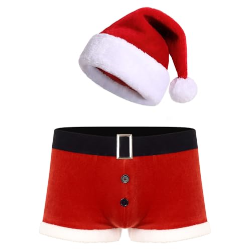 Yeahdor Herren Weihnachten Kostüm Samt Weihnachtshorts mit Weihnachtshut Weihnachtsmann Kostüm Hotpants Unterhose Cosplay Party Verkleidung K Rot mit Mütze M von Yeahdor