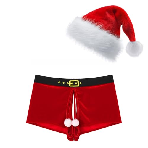 Yeahdor Herren Weihnachten Kostüm Samt Weihnachtshorts mit Weihnachtshut Weihnachtsmann Kostüm Hotpants Unterhose Cosplay Party Verkleidung M Rot mit Mütze XL von Yeahdor