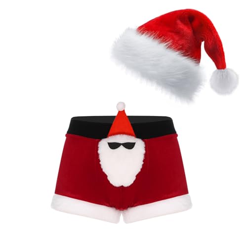 Yeahdor Herren Weihnachten Kostüm Samt Weihnachtshorts mit Weihnachtshut Weihnachtsmann Kostüm Hotpants Unterhose Cosplay Party Verkleidung Q Rot mit Mütze L von Yeahdor