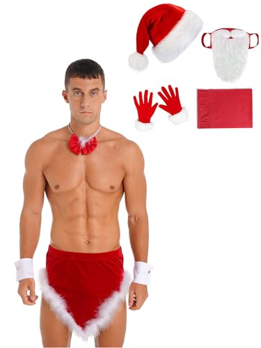 Yeahdor Herren Weihnachten Kostüm Weihnachten Rock Sissy + Weihnachtsmütze + Bart Weihnachtsmann Outfits Slips Cosplay Party Fasching Rot 3XL von Yeahdor