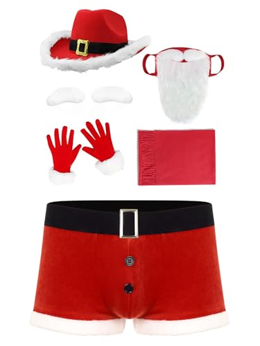 Yeahdor Herren Weihnachten Kostüm Weihnachten Shorts + Weihnachtsmütze + Bart Weihnachtsmann Outfits Cosplay Party Fasching Rot B L von Yeahdor