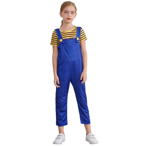 Yeahdor Kinder Faschingkostüm Zubehör Gelbes T-shirt mit Latzhose Set Super Bros Outfit Halloween Fasching Kostüm Cosplay Gelbe Streifen 134-140 von Yeahdor