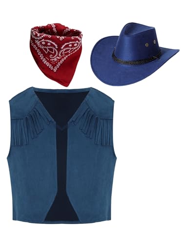 Yeahdor Kinder Jungen Cowboy Kostüm Set Ärmellos Cowgirl Braune Weste mit Quasten+ Cowboy Hut + Bandana Tanzkostüm Cosplay Party Kostüm Marine blau 146-152 von Yeahdor