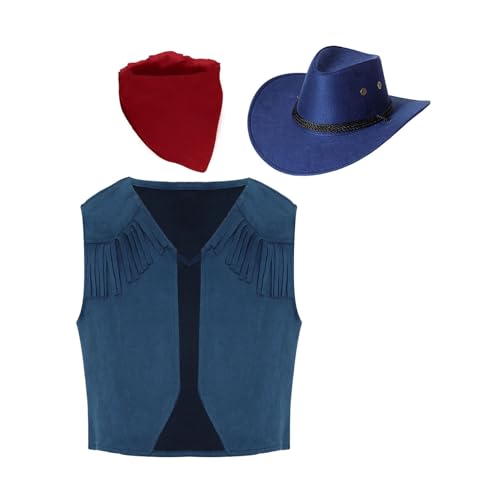 Yeahdor Kinder Jungen Cowboy Kostüm Set Ärmellos Cowgirl Braune Weste mit Quasten+ Cowboy Hut + Bandana Tanzkostüm Cosplay Party Kostüm Marine blau 158-164 von Yeahdor