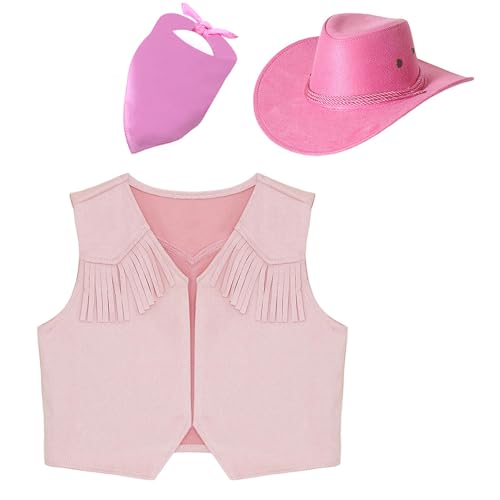 Yeahdor Kinder Jungen Cowboy Kostüm Set Ärmellos Cowgirl Braune Weste mit Quasten+ Cowboy Hut + Bandana Tanzkostüm Cosplay Party Kostüm Rosa 146-152 von Yeahdor