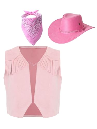 Yeahdor Kinder Jungen Cowboy Kostüm Set Ärmellos Cowgirl Braune Weste mit Quasten+ Cowboy Hut + Bandana Tanzkostüm Cosplay Party Kostüm Rosa 158-164 von Yeahdor