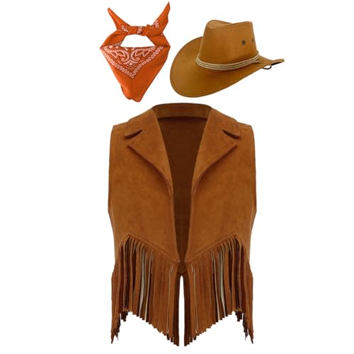 Yeahdor Kinder Jungen Mädchen Cowboy Kostüm Set Ärmellos Fransen Weste Cowboy Hut Bandana Cosplay Bühnenauftritte Mottoparty Braun und Orange 134-140 von Yeahdor