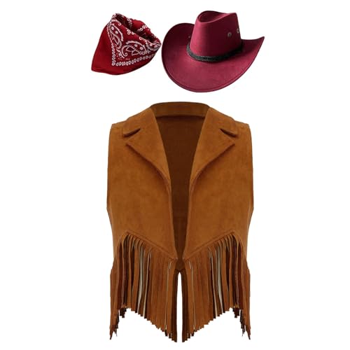 Yeahdor Kinder Jungen Mädchen Cowboy Kostüm Set Ärmellos Fransen Weste Cowboy Hut Bandana Cosplay Bühnenauftritte Mottoparty Braun&Rot 170 von Yeahdor