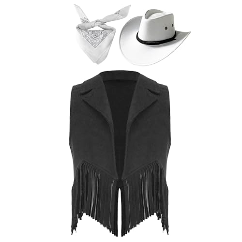 Yeahdor Kinder Jungen Mädchen Cowboy Kostüm Set Ärmellos Fransen Weste Cowboy Hut Bandana Cosplay Bühnenauftritte Mottoparty Schwarz-Weiss 122-128 von Yeahdor