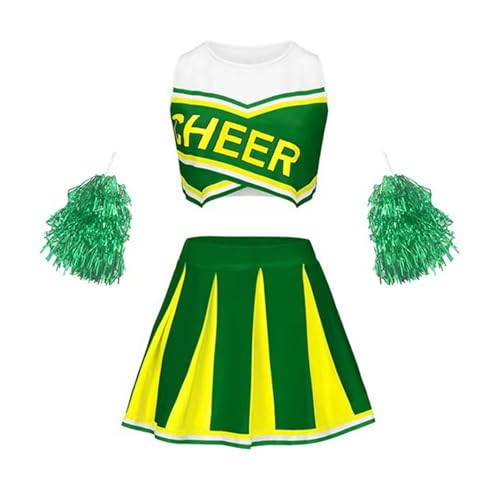 Yeahdor Kinder Mädchen Cheer Leader Kostüm Ärmellos Crop Top mit Faltenrock Pailletten Pompoms Set Cheerleading Cosplay Karneval Fasching Grün 104-110 von Yeahdor