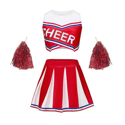 Yeahdor Kinder Mädchen Cheer Leader Kostüm Ärmellos Crop Top mit Faltenrock Pailletten Pompoms Set Cheerleading Cosplay Karneval Fasching Rot 110-116 von Yeahdor