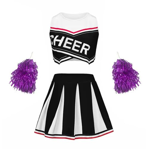 Yeahdor Kinder Mädchen Cheer Leader Kostüm Ärmellos Crop Top mit Faltenrock Pailletten Pompoms Set Cheerleading Cosplay Karneval Fasching Schwarz 104-110 von Yeahdor