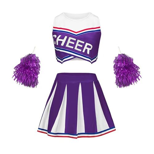 Yeahdor Kinder Mädchen Cheer Leader Kostüm Ärmellos Crop Top mit Faltenrock Pailletten Pompoms Set Cheerleading Cosplay Karneval Fasching Violett 104-110 von Yeahdor