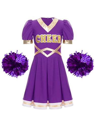 Yeahdor Kinder Mädchen Cheer Leader Kostüm Kurzarm Cheer Leader Kleid mit Pompoms Cosplay Party Halloween Bühnenauftritt Verkleidung Aa Lila 170-176 von Yeahdor