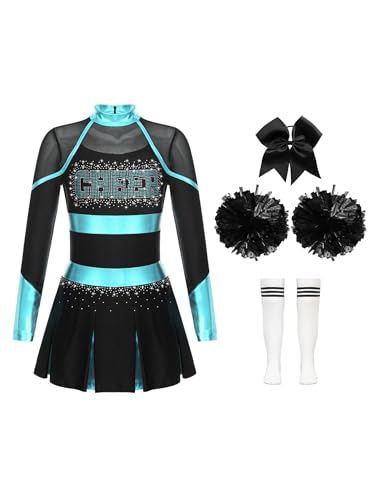 Yeahdor Kinder Mädchen Cheer Leader Kostüm Langarm Cheerleading Kleid mit Pompoms + Socken + Kopfbedeckung Karneval Fasching Party Blau Grün & Weiß 158-164 von Yeahdor