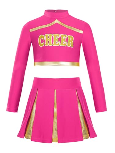 Yeahdor Kinder Mädchen Cheer Leadering Kostüm Set Langarm Crop Top mit CHEER Druck + Rock Cheer Leaderin Kostüm Cosplay Party Hot Pink 170-176 von Yeahdor