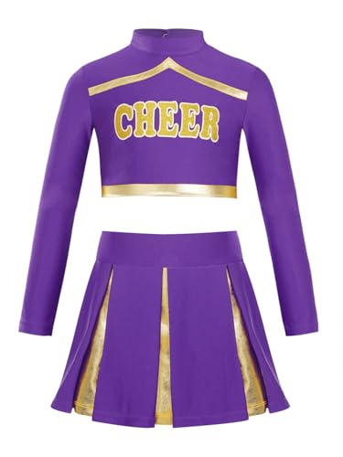 Yeahdor Kinder Mädchen Cheer Leadering Kostüm Set Langarm Crop Top mit CHEER Druck + Rock Cheer Leaderin Kostüm Cosplay Party Lila 110-116 von Yeahdor