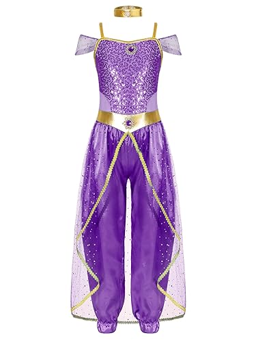 Yeahdor Kinder Mädchen Jasmin Prinzessin Kostüm Indische Prinzessin Kostüm mitt Pailletten Bauchtanz Kostüm Fasching Geburtstagsfeier Lila 158-164 von Yeahdor