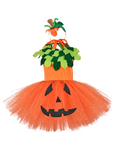 Yeahdor Kinder Mädchen Kürbis Kleid Halloween Kostüm Geist Kleid mit Halsumfang Hexen Kostüm Tutukleid Fasching Party Cosplay Karneval Orange 134-140 von Yeahdor