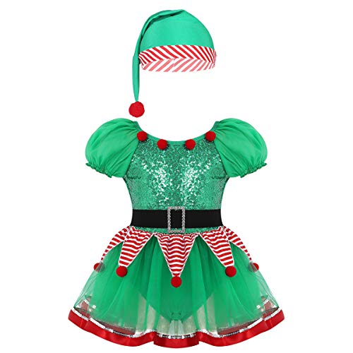 Yeahdor Kinder Mädchen Weihnachten Kleid Elfenkostüm mit Pailletten Tanz Kleid Tutu Rock Weihnachtsmütze Tanzkostüm Karneval Fasching Grün 146-152 von Yeahdor