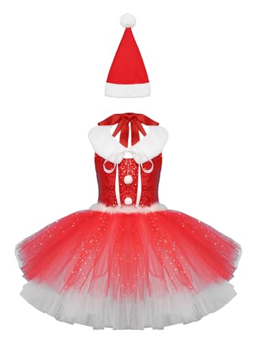 Yeahdor Kinder Mädchen Weihnachten Kostüm Ärmellos Weihnachten Kleid mit Pailletten + Weihnachtsmütze Weihnachtsoutfits Geschenken Party Rot 110-116 von Yeahdor