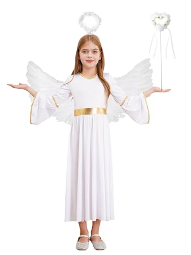 Yeahdor Mädchen Engel Kostüm Set Langarm Engel Kleid mit Federflügel Heiligenschein Zauberstab Kinderkostüm Cospaly Karneval Fasching Weiß 110-116 von Yeahdor