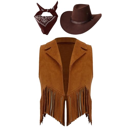 Yeahdor Unisex Kinder Cowboy Kostüm Zubehör Cowboy Hut mit Fransenweste Bandana Set Western Cowgirl Cosplay Fasching Mottoparty Braun 122-128 von Yeahdor