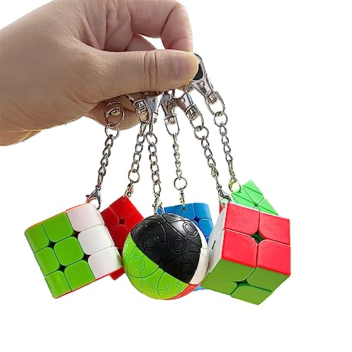 Yealvin Zauberwürfel Schlüsselanhänger Set, 6 Stück Speed Cube Set 2x2 3x3 Dreiflächiger Zauberwürfel Pyramide Zylinder und Magic Ball Cubes Schlüsselanhänger Mini Cube Bundle mit Geschenkbox von Yealvin