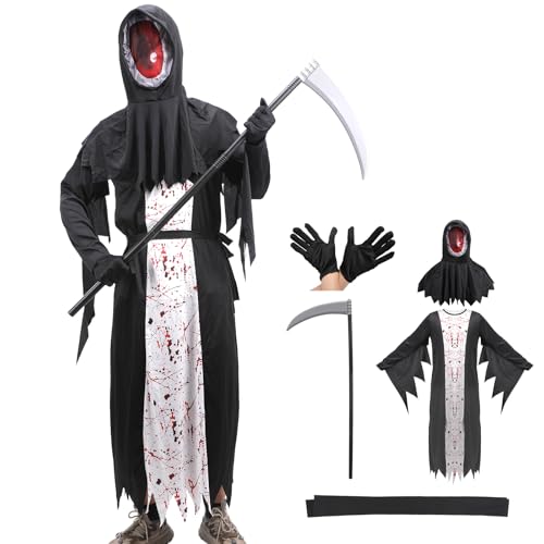 5 Stück Sensenmann Kostüm Kinder Scary Ghost Kostüm Horror Dämon Grim Reaper Kostüm Karneval Halloween Kostüm Cosplay Requisiten von Yearsahrk