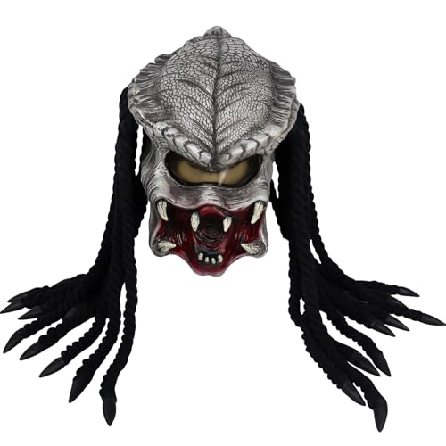 Predator Maske Alien Predator Helm Monster Masken mit Dreads Haaren Gruseliger Raubtier Vollkopf Helm Halloween Kostüm Karneval Requisiten (Raubtier A) von Yearsahrk