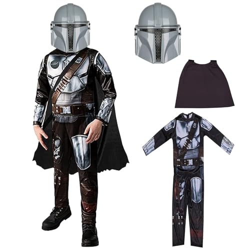 Yearsahrk 3 Stück Mandalorian Kostüm Kinder Mandalorian Maske und Umhang Superhelden Kostüme Karneval Halloween Kostüm Cosplay Outfit Requisiten von Yearsahrk