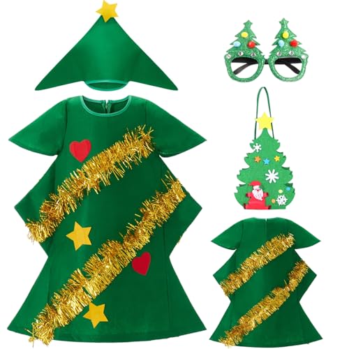 Yearsahrk 4 STÜCKE Kinder Weihnachtsbaum Kostüm Mädchen Weihnachtself Kostüm Outfit Hut Baum Brille Tasche Karneval Halloween Kostüm Geschenke von Yearsahrk